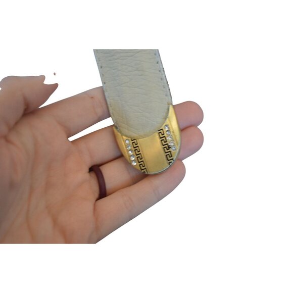 Vintage Cream Bone Leather Gold Tone Jeweled Lion Mens Belt Size 42 Cowboy Bling - Picture 4 of 12